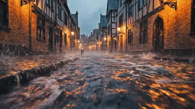 Dramatic Rainy Street Scene Captures Atmosphere and Beauty in Vintage Style