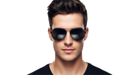 Handsome man wearing black aviator sunglasses isolated on a transparent background