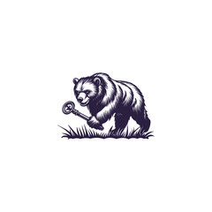 Vintage grizzly bear walking through grass while carrying an antique skeleton key in its paw, woodcut engraving style