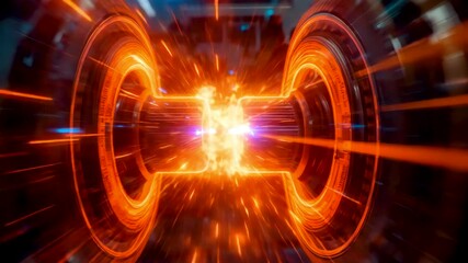 Glowing orange energy core emitting radial light waves inside symmetrical mechanical chamber - Powered by Adobe