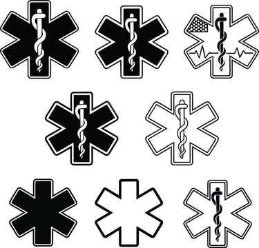 Medical star of life symbols in various styles and colors