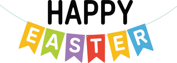 Vibrant Happy Easter banner with colorful flags and string