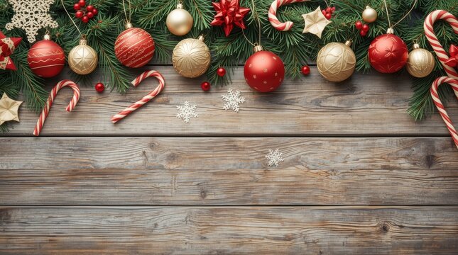Wooden ornaments, candy canes, holiday toys, and evergreen sprigs arranged in a joyful Christmas flat lay highlighting bright color, festive spirit, and seasonal energy. Generative AI