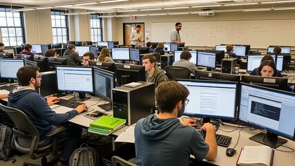 University Students Learning Programming in a Modern Computer Lab Classroom. - Powered by Adobe