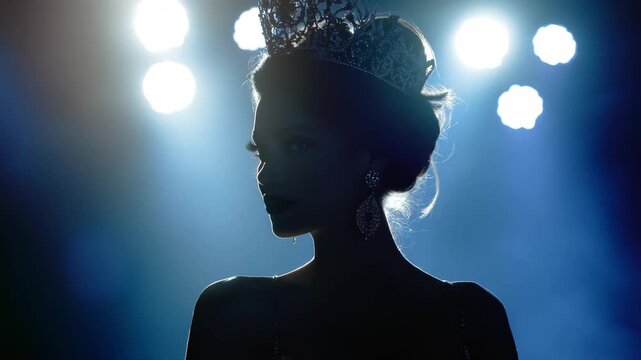 Contestant stands in silhouette wearing a crown against bright stage lights during a beauty pageant in the evening ambiance