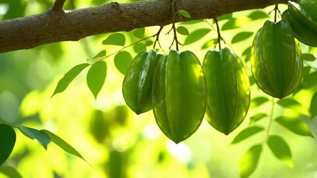 Star Fruit Hanging From Tree Branch in Bright Sunlight