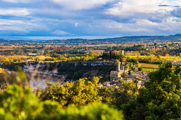 Fototapeta premium Medieval village of Aiguèze along the Ardèche River in autumn seen from the cliffs