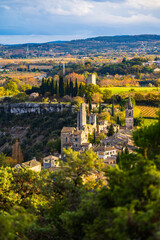 Medieval village of Aigu&egrave;ze along the Ard&egrave;che River in autumn seen from the cliffs