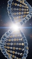 Religion symbols in dna structure over space background. Concept of faith and science.