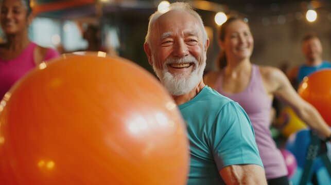 old aged happy senior man doing sports in a gymnastics studio