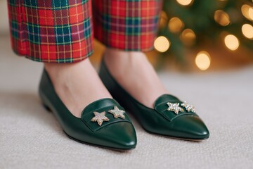 Naklejka premium Detail of Dark Green Leather Flats with Holiday Brooches and Tartan Pants