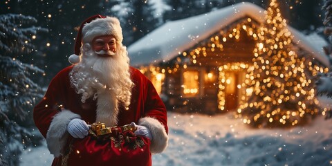 Santa Claus with a backpack full of presents walks through the snow to a lonely romantically lit hut