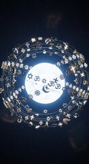 Religious symbols orbit a bright moon, representing interfaith dialogue and harmony.