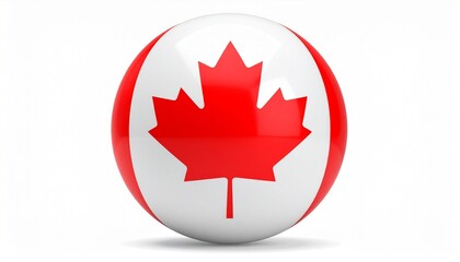 Spherical object styled as Canadian flag with red maple leaf and vertical red bars on white surface.