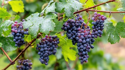 dolcetto. Close-up of ripe Dolcetto grapes with morning dew against a soft-focus vineyard in natural sunlight. menu design.