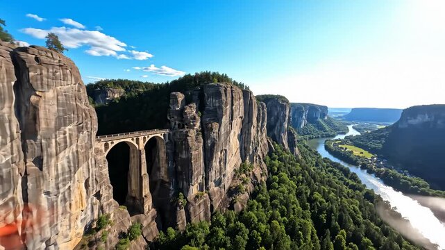 Aerial View of Bastei Bridge and Elbe River, Saxon Switzerland National Park