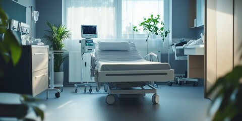 a room in a hospital clinic with a bed and some medical equipment