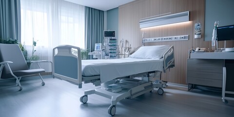 a room in a hospital clinic with a bed and some medical equipment