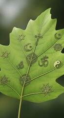 Religious symbols of different faiths depicted on a vibrant green leaf, unity concept.