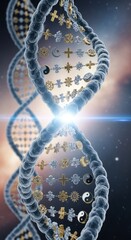 Dna helix with religious symbols represents the intersection of science and faith.