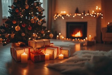 many presents lie under a beautifully decorated Christmas tree in the cozy living room on Christmas Eve