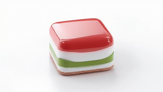 Colorful layered square candy dessert with red top and white background.