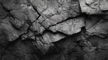 The scene shows a close up view of a rough rock surface with noticeable cracks and textures. The light highlights the different shades of dark stone revealing its natural pattern.