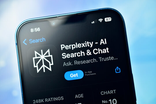 New Delhi, India 11 December :- Perplexity AI Search and Chat App Store Page on Smartphone Screen (Dark Mode)