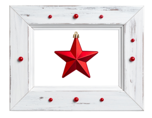  “Rustic White Wooden Christmas Frame with Red Star and Pearls, PNG Isolated”
