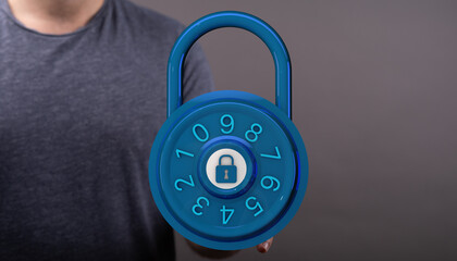 Image of a blue combination padlock held by a man, representing safety, protection, and confidentiality in data