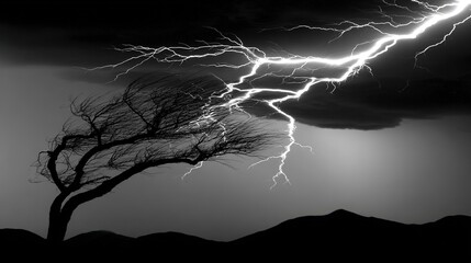 bent. A lone gnarled tree silhouetted against a stormy sky with lightning. travel magazines, destination branding, designed for outdoor magazines and nature guides and travel destination branding.