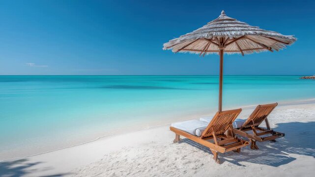 Stunning beach scene with lounge chairs and a thatched umbrella under clear blue skies and tranquil waters