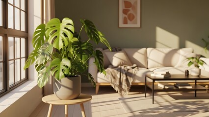 Fototapeta premium Minimal Living Area with Large Potted House Plant Creating a Relaxed and Welcoming Apartment Corner