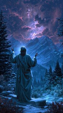 Celestial Reverie: A figure stands amidst a serene mountain landscape, gazing towards a majestic night sky, lost in contemplative rapture and spiritual reflection.