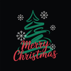 Merry Christmas festive design with green tree and snowflakes on black