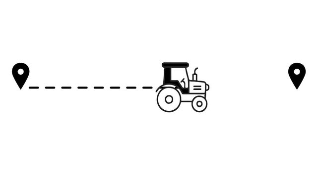 Illustration of a tractor traveling between two location pins along a dotted route.