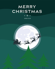 Santa Claus Sleigh Reindeer Flying Over Full Moon