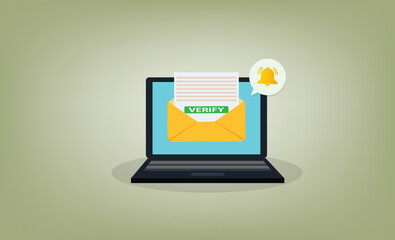 Laptop with a bell notification and verify mail. .Reminder on desktop. New message notification
