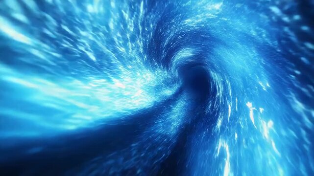 Blue water creating a powerful swirling vortex funnel, pulling liquid downward in a dynamic abstract motion tunnel, representing energy, force, and flow