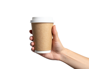 Hand holding paper cup png disposable coffee cup png takeaway drink cup png paper beverage cup png eco-friendly cup png white background image