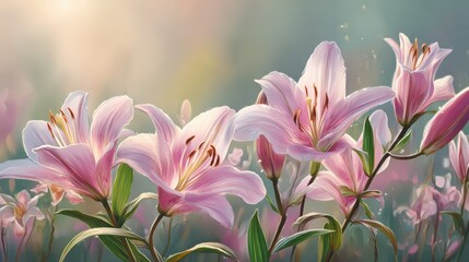 Fototapeta premium Pink Lilies Blooming in Bright Sunlight in a Garden