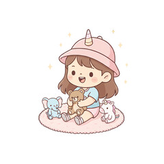 Cute Pastel Minimalist Girl Playing with Doll PNG