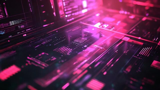 Glowing pink and purple neon lights sweep across abstract digital lines and code interfaces, visualizing ai, cybersecurity, big data processing and high speed communication networks