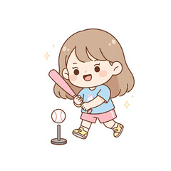 Cute Pastel Minimalist Girl Playing Baseball PNG Transparent Background