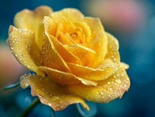 Vibrant yellow rose covered in glistening water droplets with a softly blurred blue and pink background creating a serene nature scene