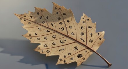 Dry leaf with religious symbols conveying a message of tolerance and understanding.