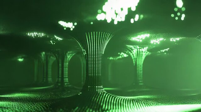 Digital trees composed of glowing data points creating a futuristic forest, representing concepts of virtual cyberspace, blockchain, artificial intelligence, and network connections