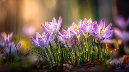 Purple crocus flowers blooming under warm spring sunlight