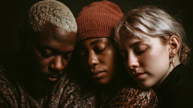 Three individuals in a moment of connection, showing friendship and trust in a warm, intimate setting during a cozy winter evening