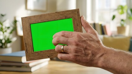 Person Holding Small Wooden Frame with Green Screen.